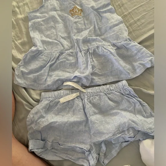 Sant and Abel 100% Linen Blue Tank With Golden Embroidered Crown & Shorts - Picture 1 of 7